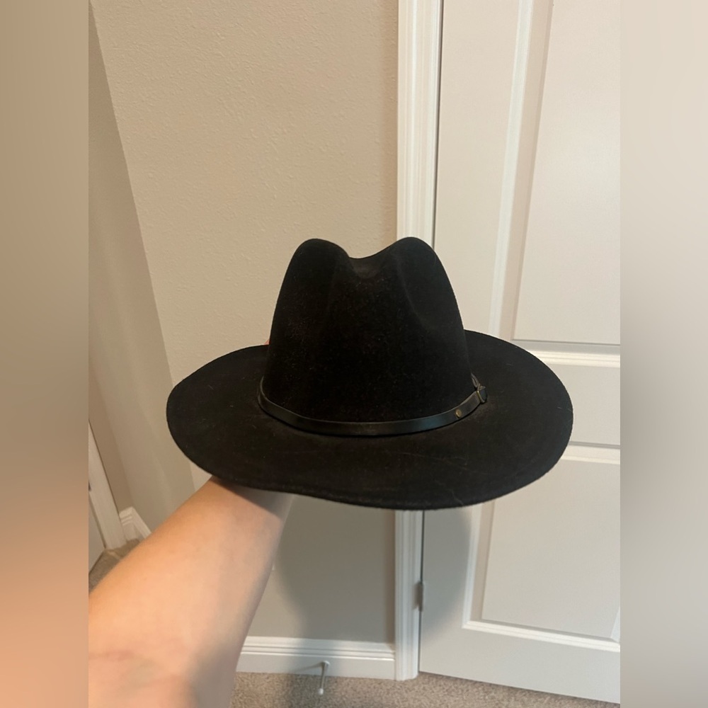 New Black Classic Wide Brim Panama Hat Belt Buckle Wool Fedora Floppy